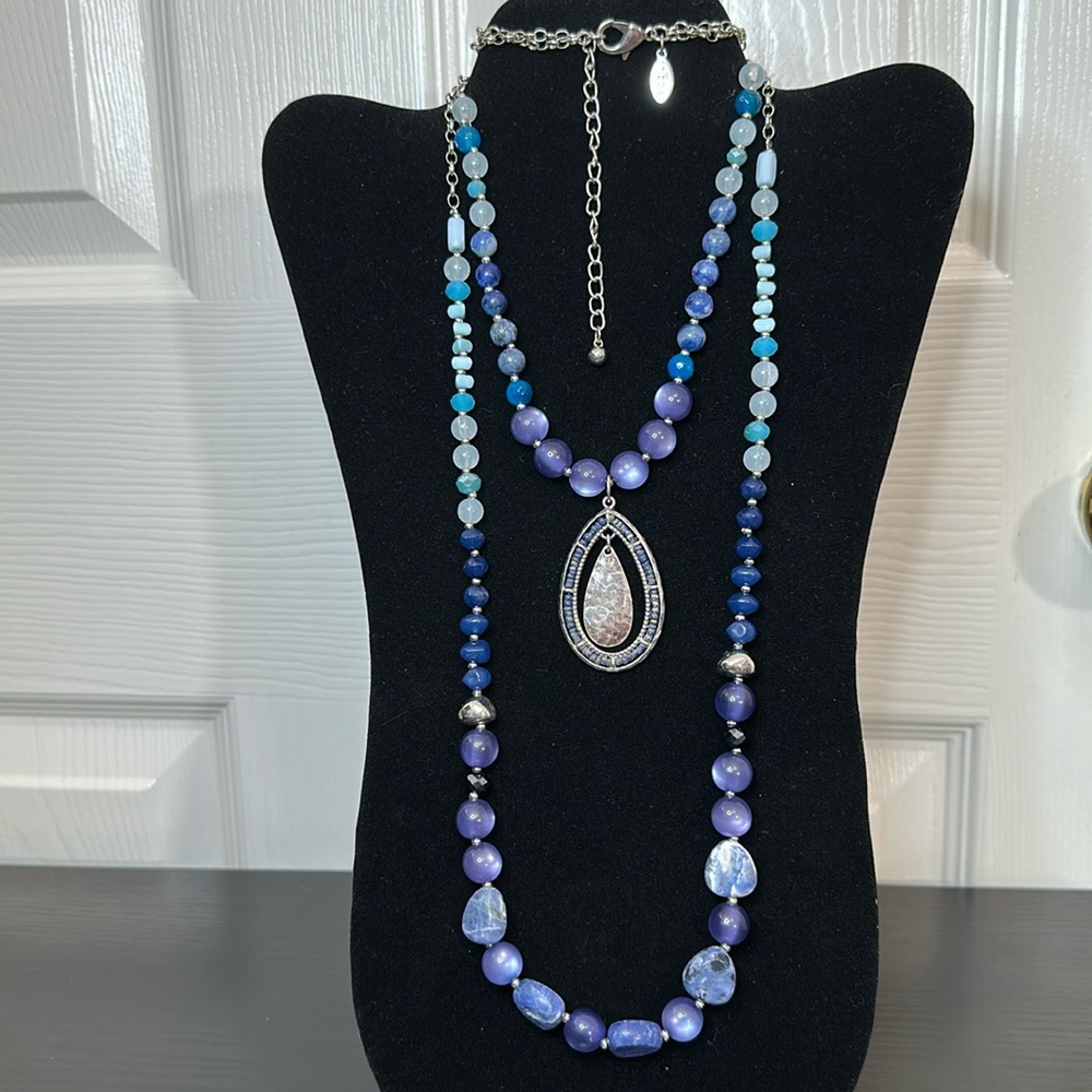 Chico’s Sodalite Gemstone, Crystal, Frosted Glass, AB Crystal 2-strand Necklace